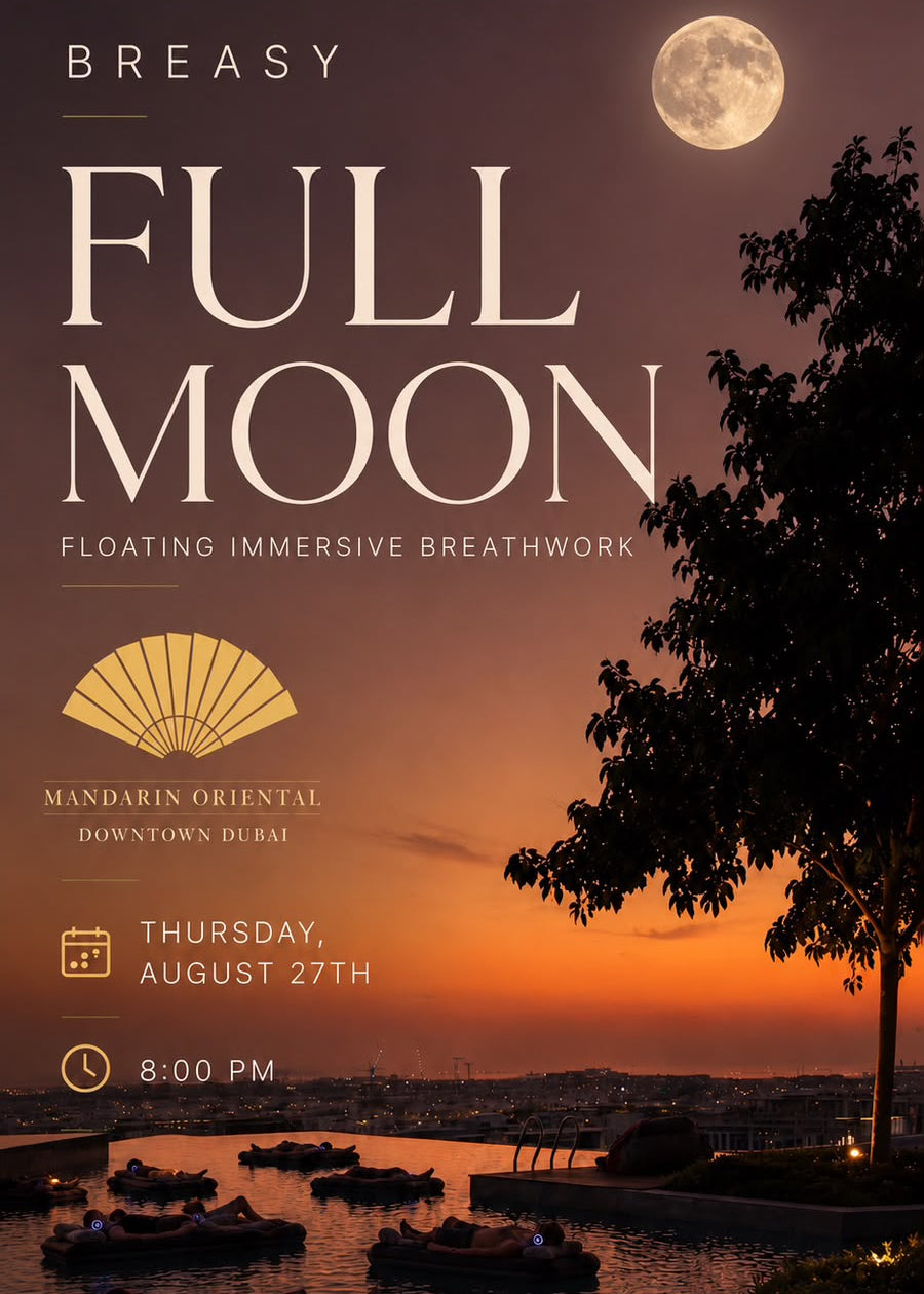 A digital promotional graphic for a breathing practice titled 'Full Moon' by Breasy, featuring a sunset landscape over water with moonlit boats, large white title text, event details including Thursday August 27th at 8:00 PM, and the Mandarin Oriental Downtown Dubai logo.