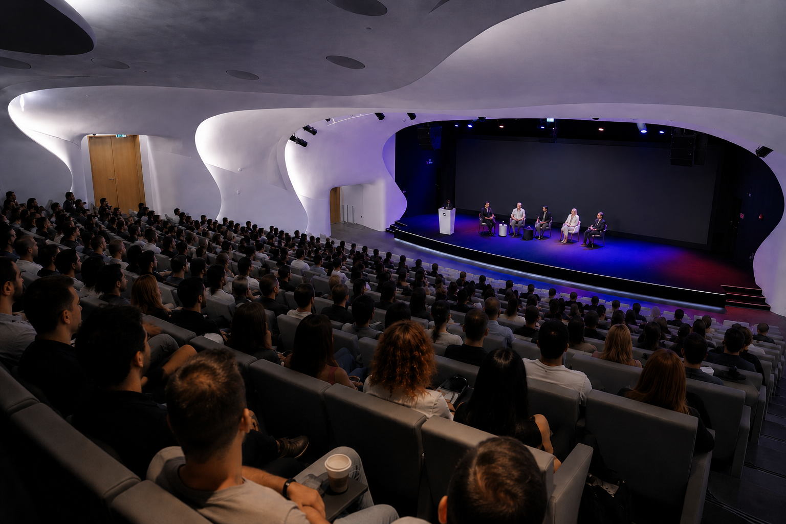 Audience in a modern auditorium watching a performance on stage.