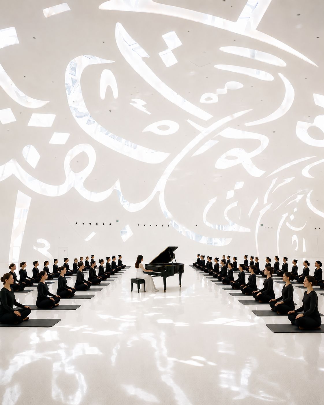 Piano performance with a large audience in a modern auditorium with projected calligraphy.
